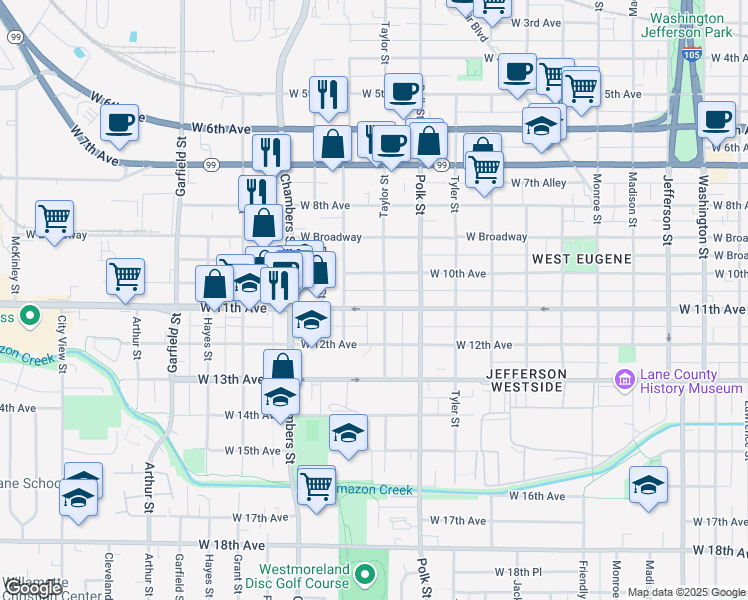 map of restaurants, bars, coffee shops, grocery stores, and more near in Eugene