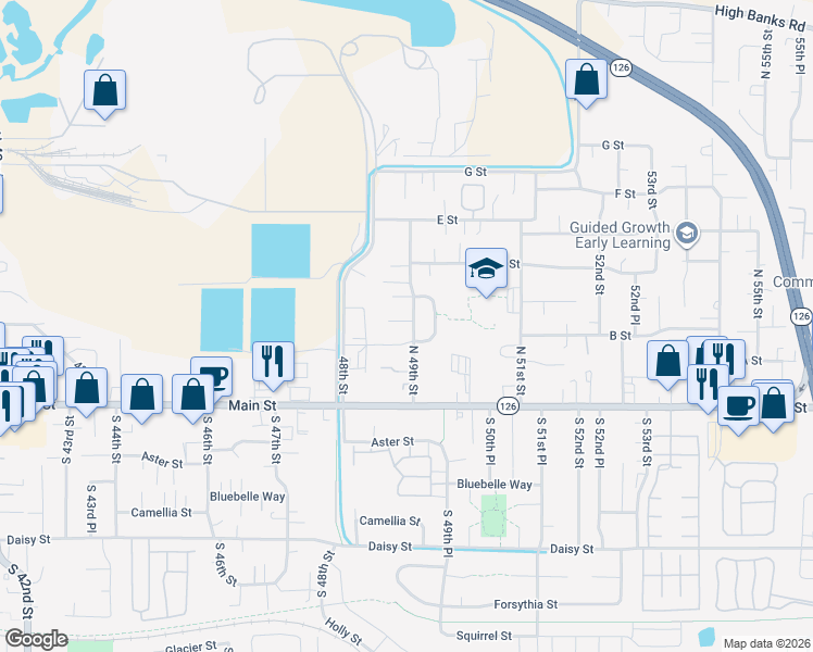 map of restaurants, bars, coffee shops, grocery stores, and more near 4876 B Street in Springfield