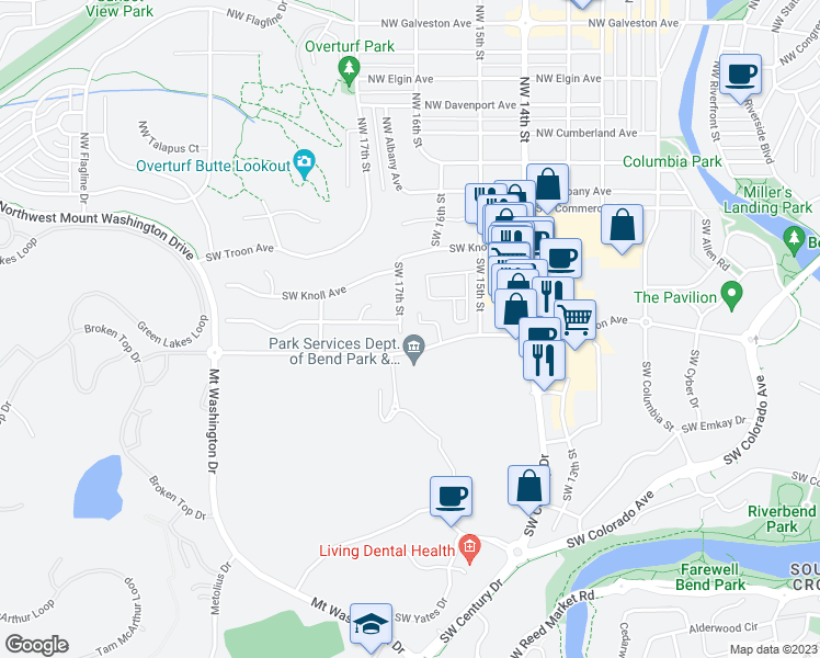 map of restaurants, bars, coffee shops, grocery stores, and more near 214 Southwest 17th Street in Bend