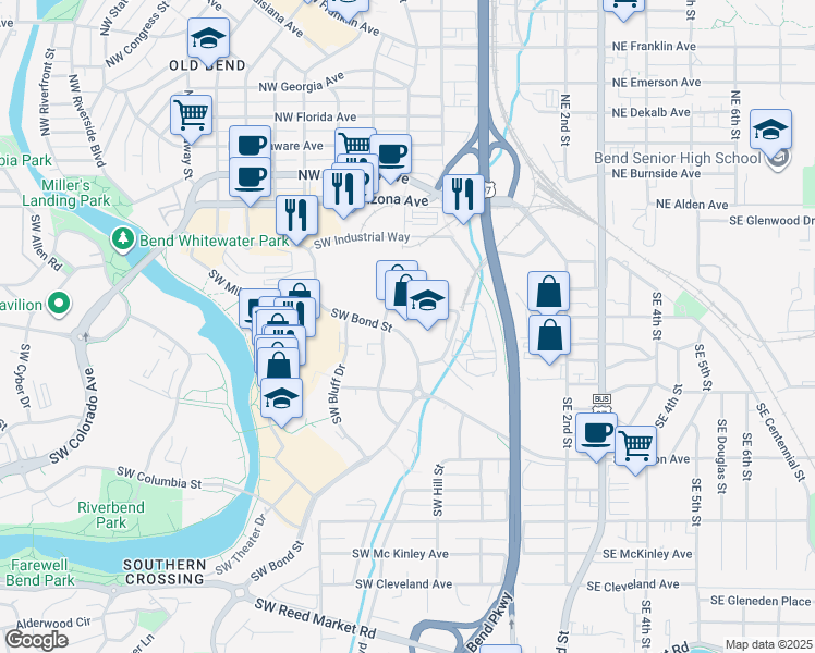 map of restaurants, bars, coffee shops, grocery stores, and more near 88 Southwest Scalehouse Loop in Bend
