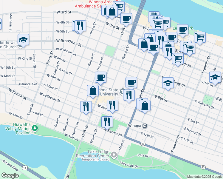 map of restaurants, bars, coffee shops, grocery stores, and more near Winona Street in Winona