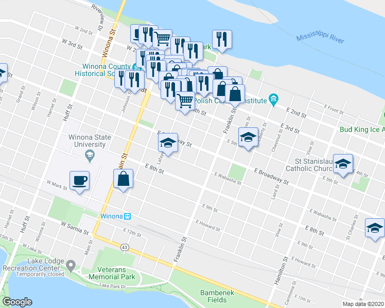 map of restaurants, bars, coffee shops, grocery stores, and more near 317 Market Street in Winona