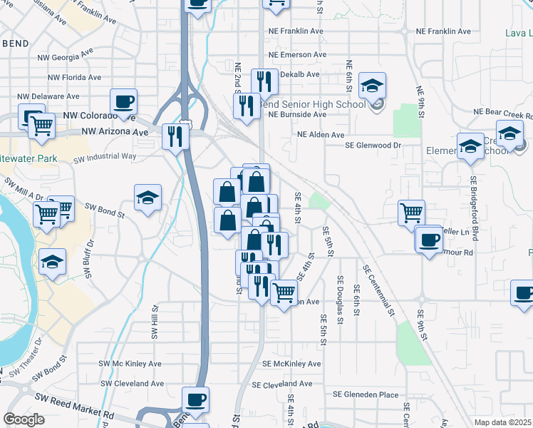 map of restaurants, bars, coffee shops, grocery stores, and more near 230 Southeast 3rd Street in Bend