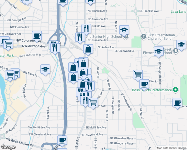 map of restaurants, bars, coffee shops, grocery stores, and more near 378 Southeast Woodland Boulevard in Bend