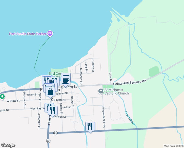 map of restaurants, bars, coffee shops, grocery stores, and more near 278 Acorn Drive in Port Austin