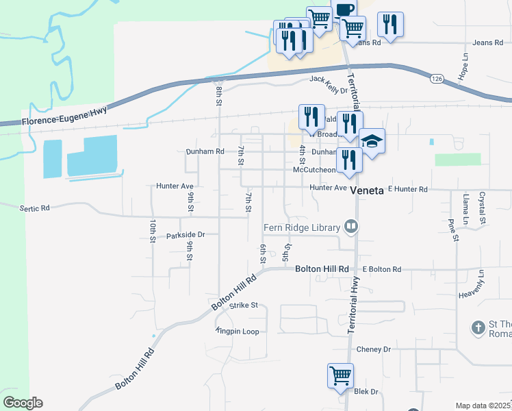 map of restaurants, bars, coffee shops, grocery stores, and more near 88078 6th Street in Veneta