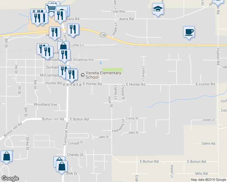 map of restaurants, bars, coffee shops, grocery stores, and more near 88066 Llama Lane in Veneta