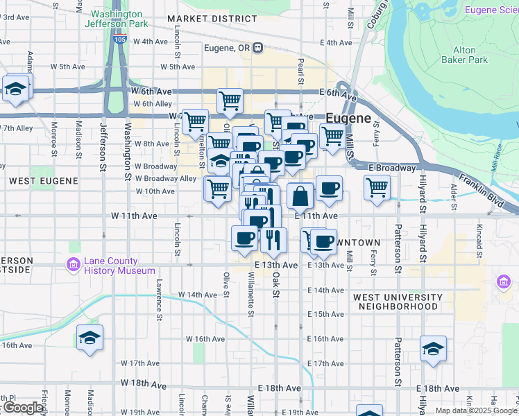 map of restaurants, bars, coffee shops, grocery stores, and more near 1059 Willamette Street in Eugene