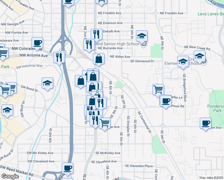 map of restaurants, bars, coffee shops, grocery stores, and more near 208 Southeast 4th Street in Bend