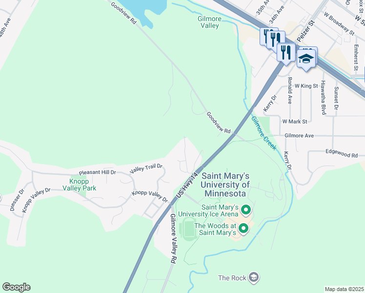 map of restaurants, bars, coffee shops, grocery stores, and more near 133 Whispering Lane in Winona