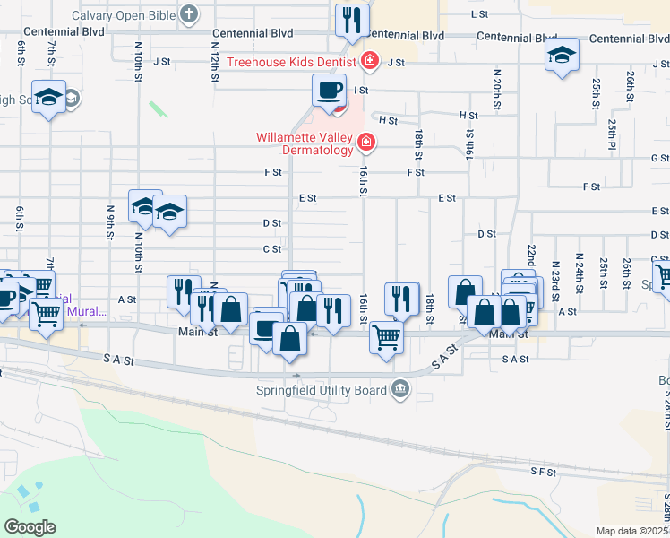 map of restaurants, bars, coffee shops, grocery stores, and more near 1510 B Street in Springfield