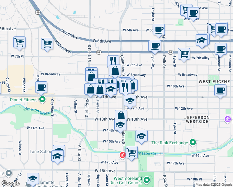 map of restaurants, bars, coffee shops, grocery stores, and more near 1700 West 11th Avenue in Eugene