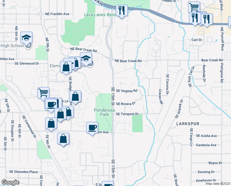 map of restaurants, bars, coffee shops, grocery stores, and more near 1509 Southeast Virginia Road in Bend