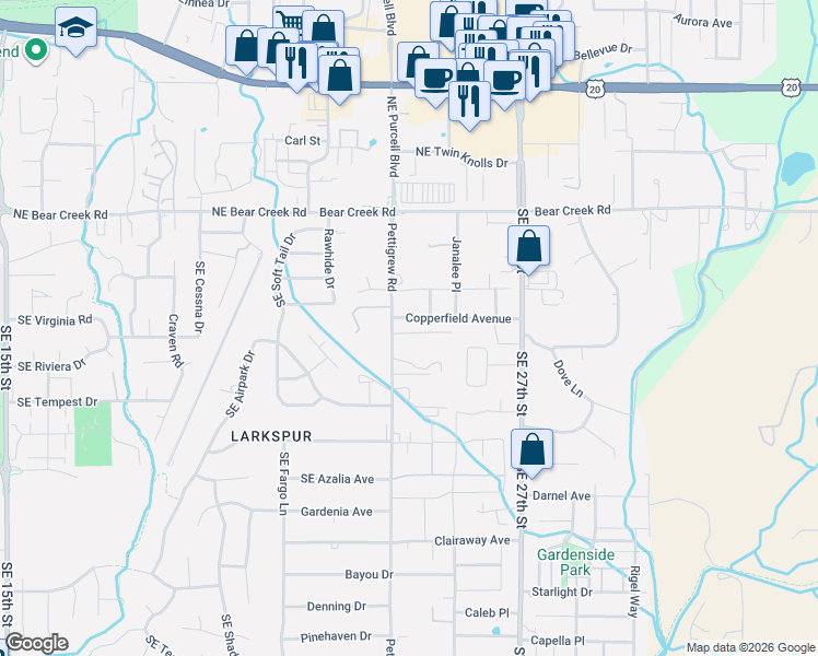 map of restaurants, bars, coffee shops, grocery stores, and more near 61886 Pettigrew Road in Bend