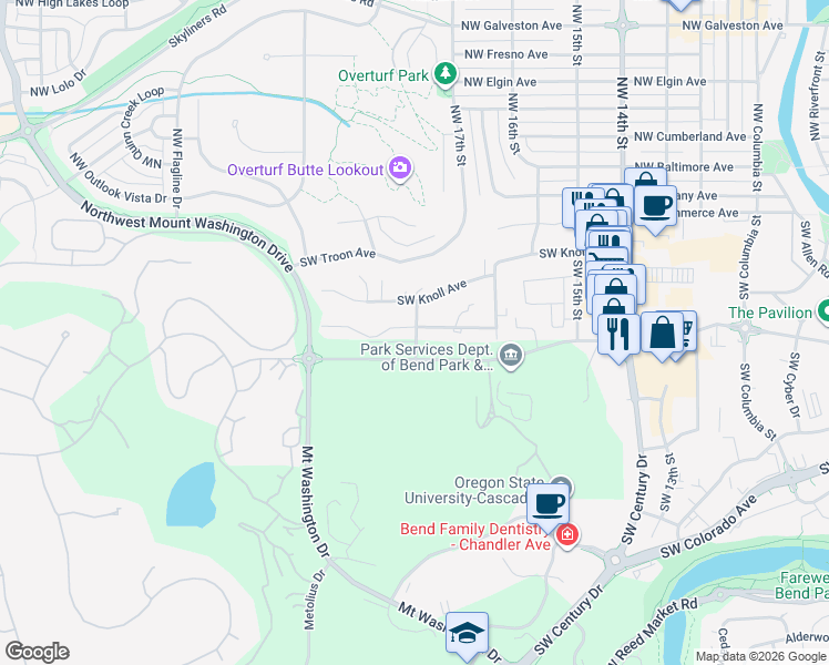 map of restaurants, bars, coffee shops, grocery stores, and more near 1783 Southwest Forest Ridge Avenue in Bend
