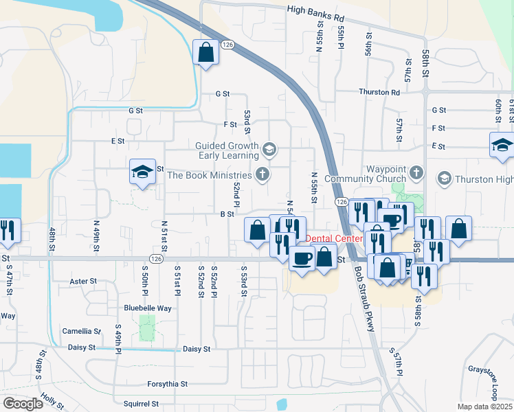 map of restaurants, bars, coffee shops, grocery stores, and more near 5323 B Street in Springfield