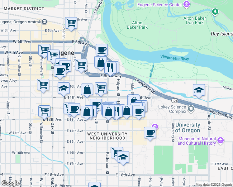 map of restaurants, bars, coffee shops, grocery stores, and more near in Eugene