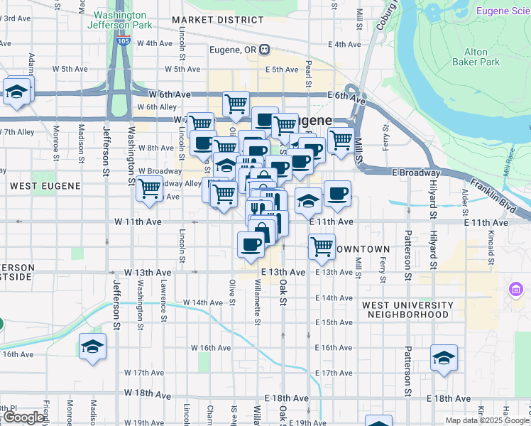 map of restaurants, bars, coffee shops, grocery stores, and more near 1100 Willamette Street in Eugene