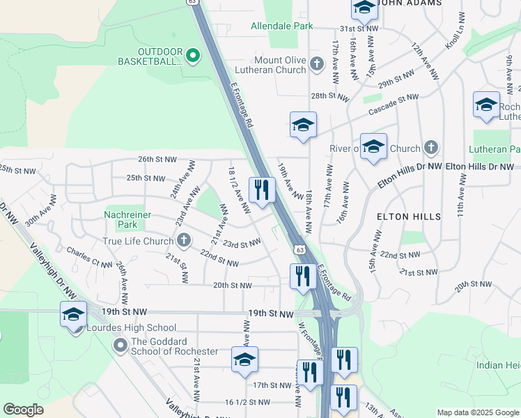 map of restaurants, bars, coffee shops, grocery stores, and more near 1844 24th Street Northwest in Rochester