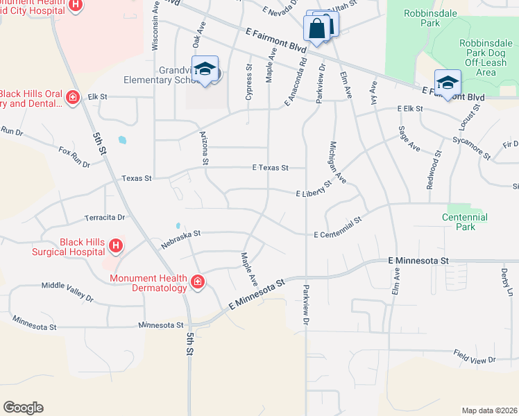 map of restaurants, bars, coffee shops, grocery stores, and more near 133 East Centennial Street in Rapid City