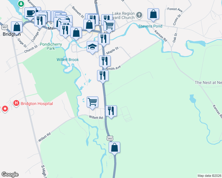 map of restaurants, bars, coffee shops, grocery stores, and more near 1-17 Mount Henry Road in Bridgton