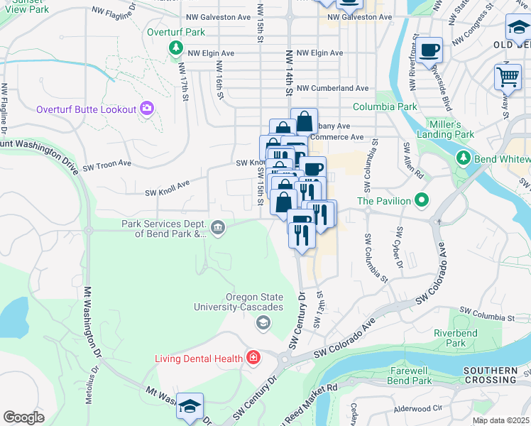 map of restaurants, bars, coffee shops, grocery stores, and more near 1432 Southwest Simpson Avenue in Bend