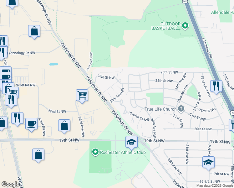 map of restaurants, bars, coffee shops, grocery stores, and more near 2315 30th Avenue Northwest in Rochester