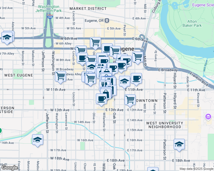 map of restaurants, bars, coffee shops, grocery stores, and more near 1059 Willamette Street in Eugene
