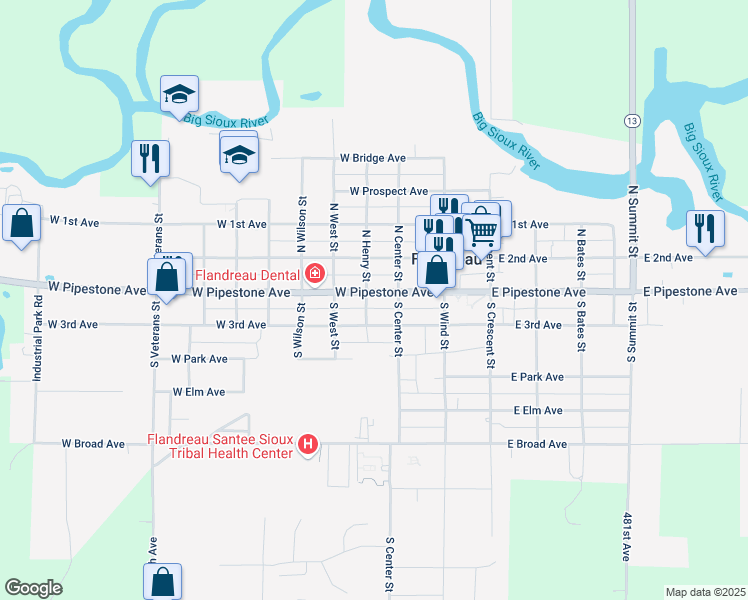 map of restaurants, bars, coffee shops, grocery stores, and more near 210 West 3rd Avenue in Flandreau