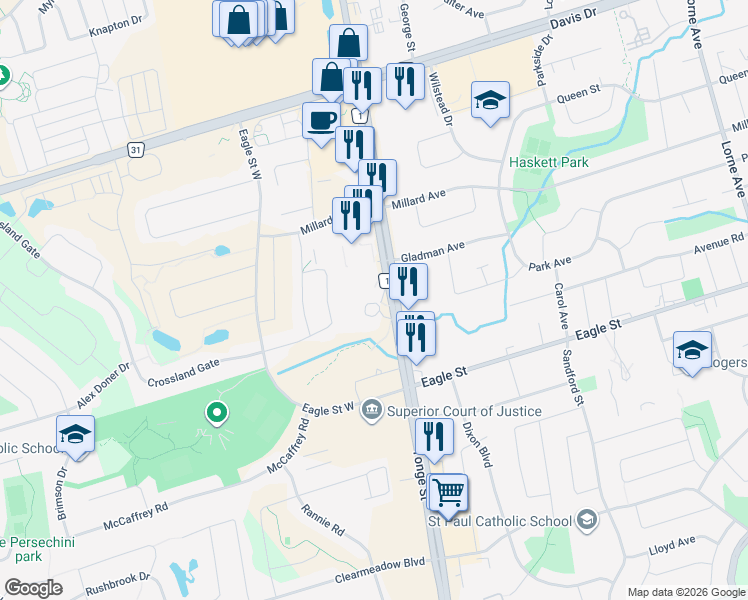 map of restaurants, bars, coffee shops, grocery stores, and more near 17250 Yonge Street in Newmarket
