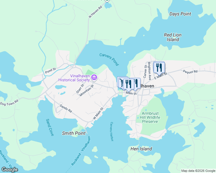 map of restaurants, bars, coffee shops, grocery stores, and more near 44 West Main Street in Vinalhaven