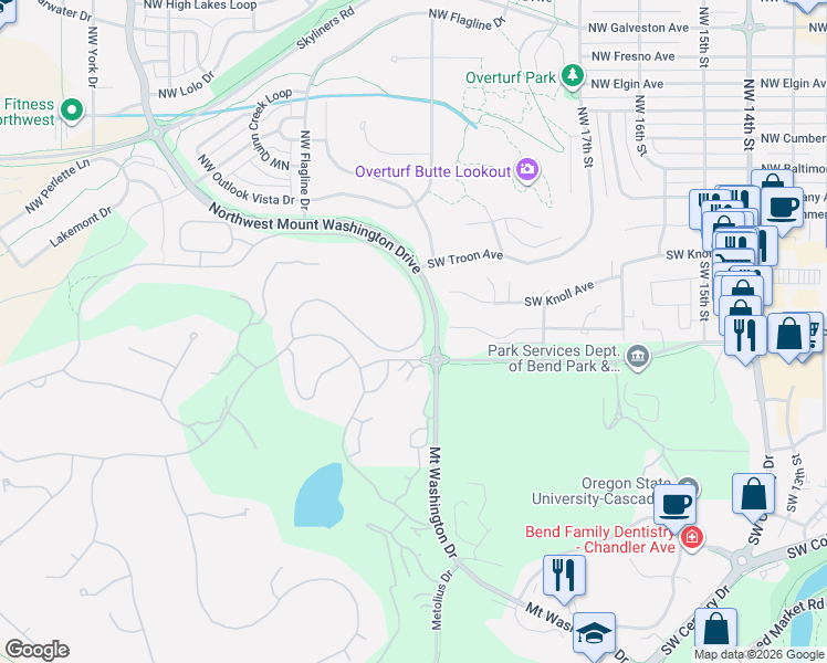 map of restaurants, bars, coffee shops, grocery stores, and more near 19522 Green Lakes Loop in Bend