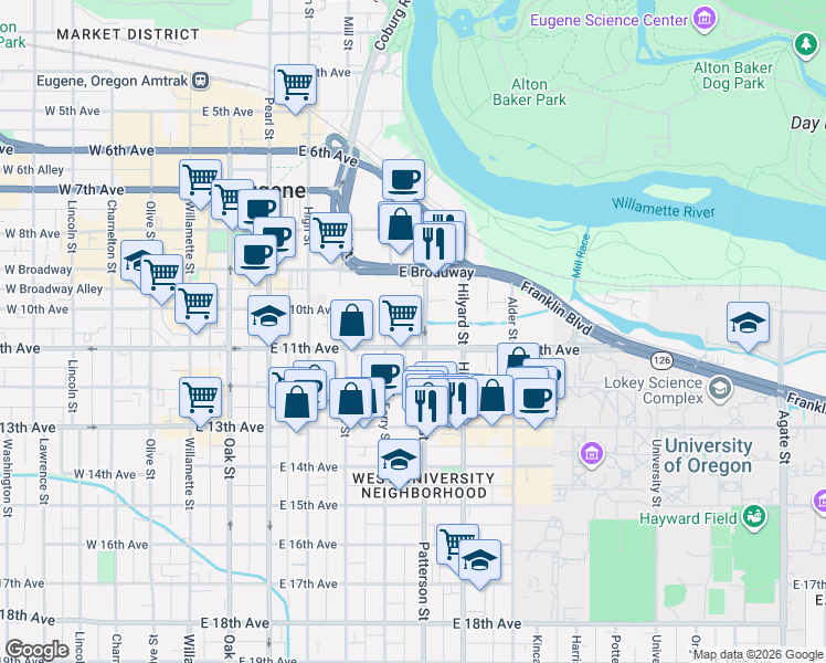 map of restaurants, bars, coffee shops, grocery stores, and more near 1080 Patterson Street in Eugene