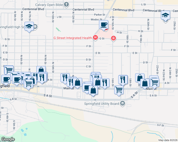 map of restaurants, bars, coffee shops, grocery stores, and more near 1369 B Street in Springfield