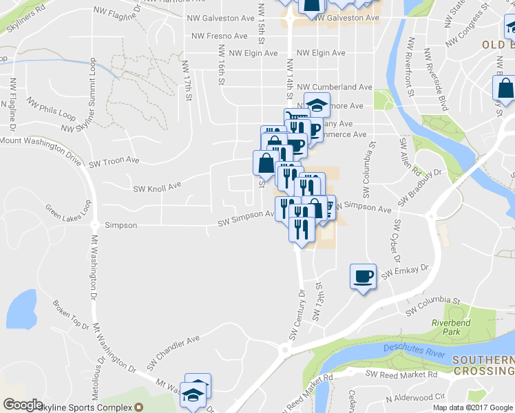 map of restaurants, bars, coffee shops, grocery stores, and more near 1600 Southwest Simpson Avenue in Bend