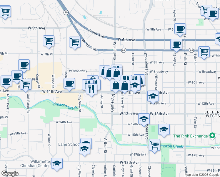 map of restaurants, bars, coffee shops, grocery stores, and more near 1990 West 11th Avenue in Eugene