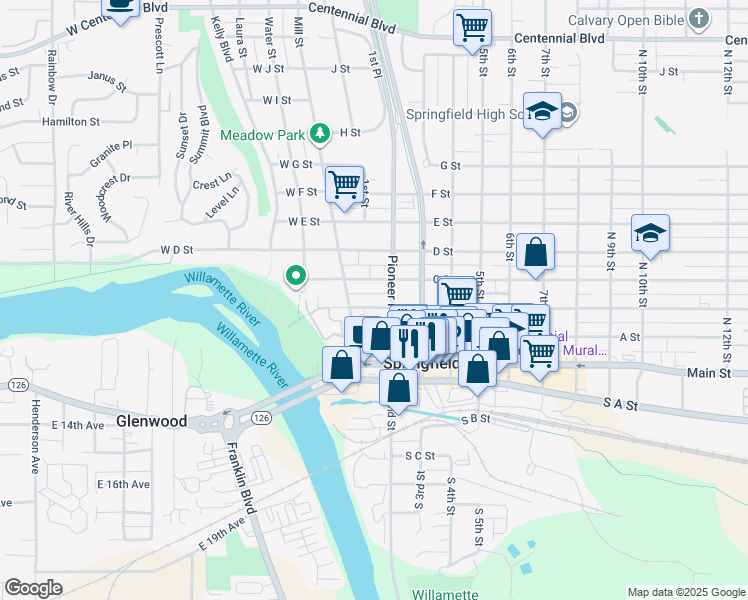 map of restaurants, bars, coffee shops, grocery stores, and more near 195 B Street in Springfield