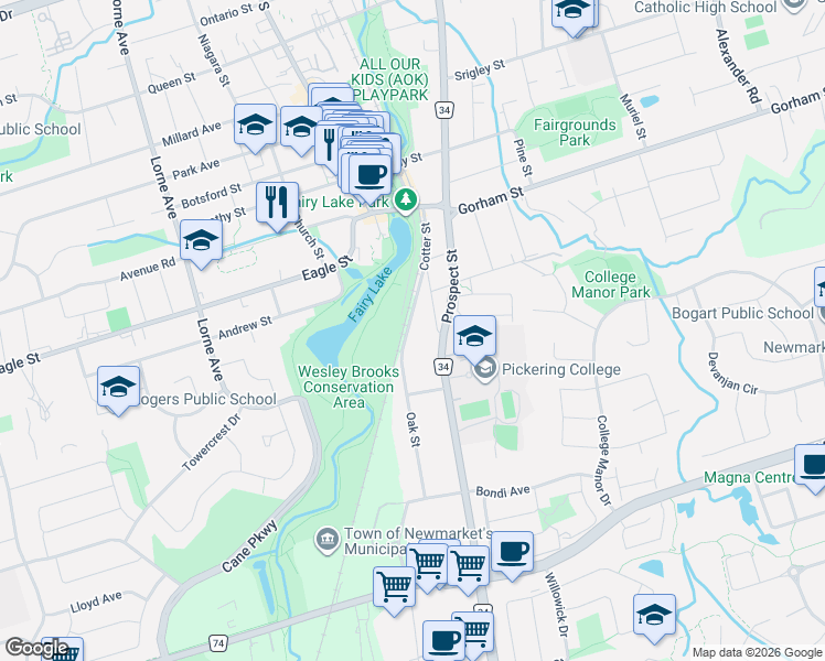 map of restaurants, bars, coffee shops, grocery stores, and more near 341 Cotter Street in Newmarket