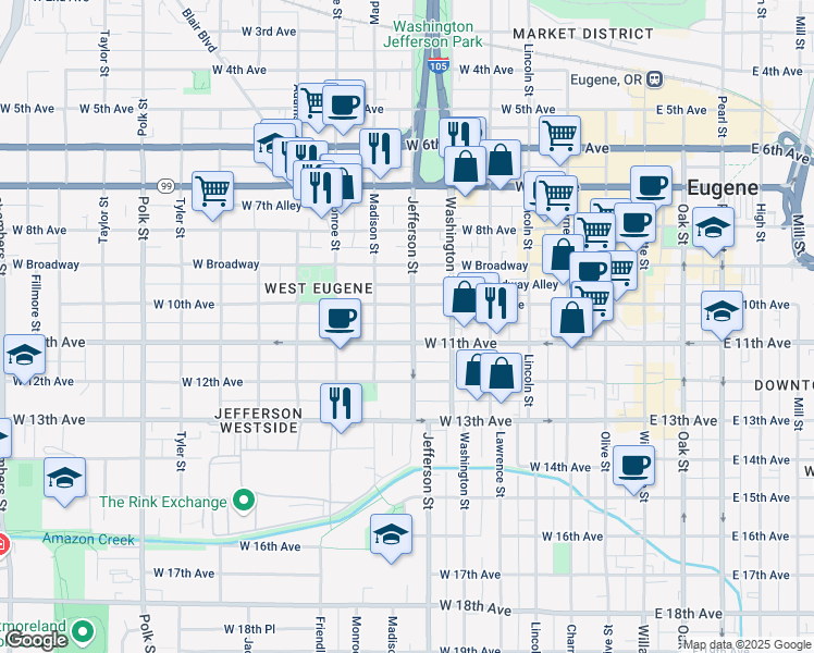 map of restaurants, bars, coffee shops, grocery stores, and more near 1060 Jefferson Street in Eugene