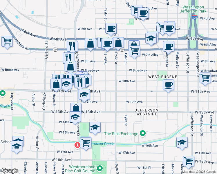 map of restaurants, bars, coffee shops, grocery stores, and more near in Eugene