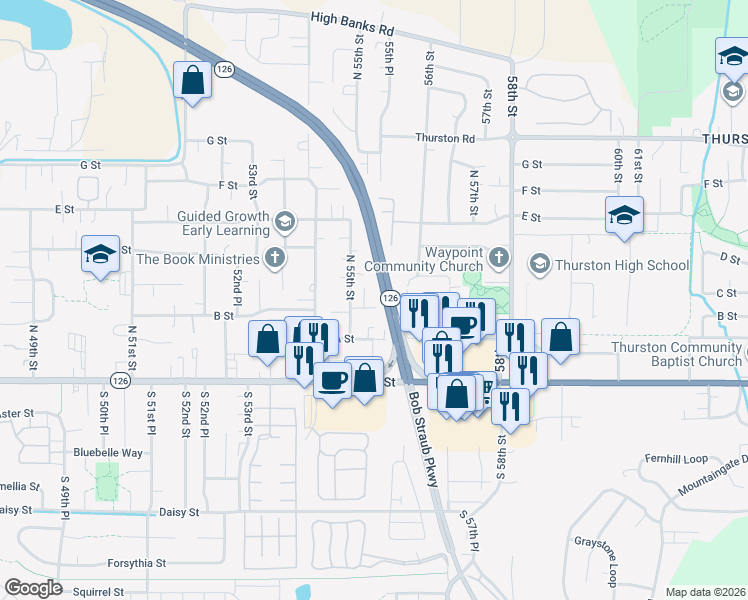 map of restaurants, bars, coffee shops, grocery stores, and more near 5593 B Street in Springfield