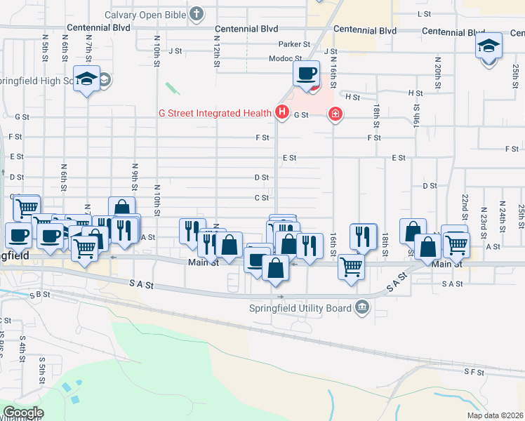 map of restaurants, bars, coffee shops, grocery stores, and more near 1369 B Street in Springfield