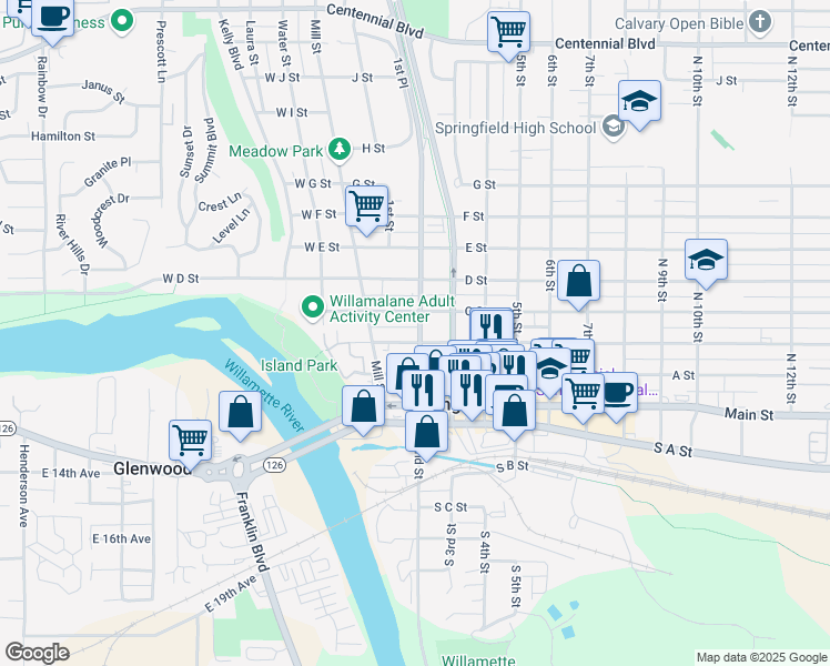 map of restaurants, bars, coffee shops, grocery stores, and more near 195 B Street in Springfield