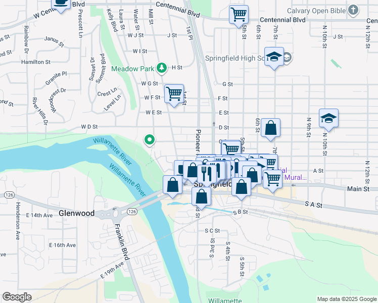 map of restaurants, bars, coffee shops, grocery stores, and more near 195 B Street in Springfield