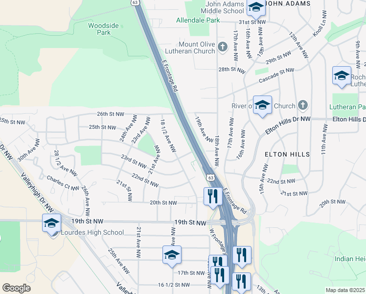 map of restaurants, bars, coffee shops, grocery stores, and more near 1844 24th Street Northwest in Rochester