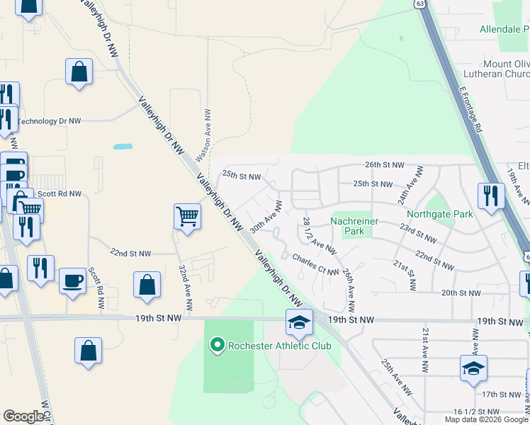 map of restaurants, bars, coffee shops, grocery stores, and more near 2932 Charles Court Northwest in Rochester