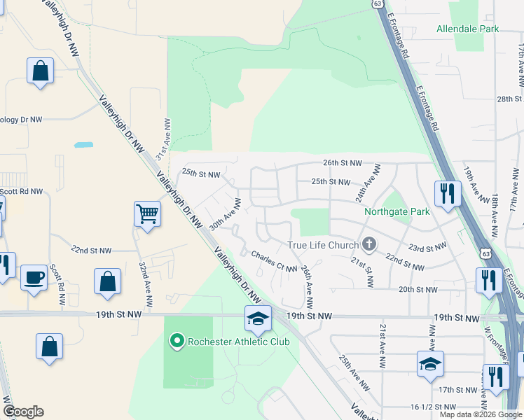 map of restaurants, bars, coffee shops, grocery stores, and more near 2828 24th Street Northwest in Rochester