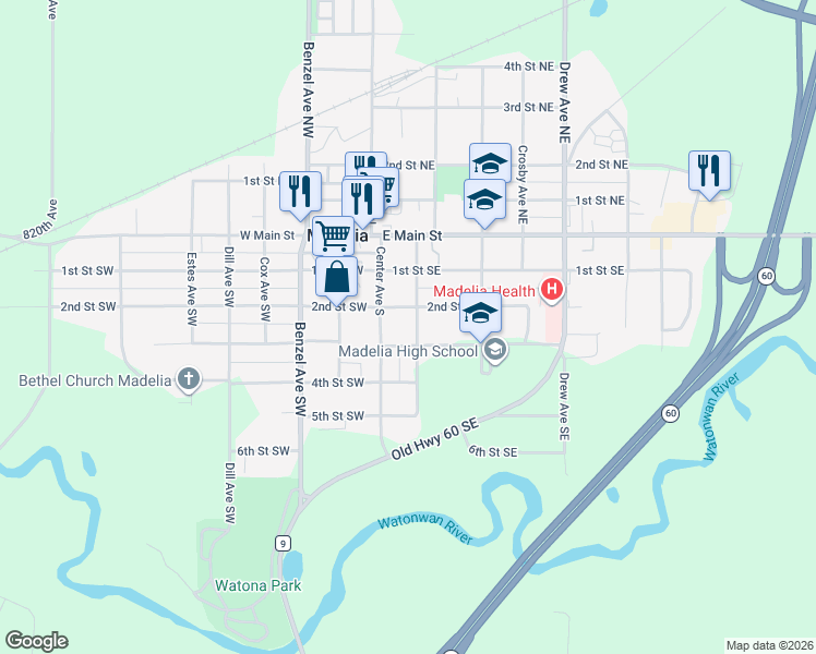 map of restaurants, bars, coffee shops, grocery stores, and more near 312 Center Avenue South in Madelia