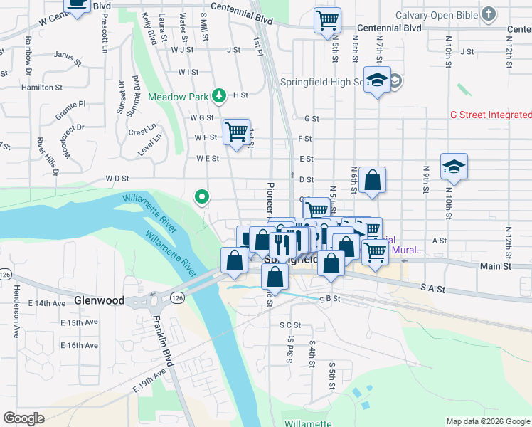 map of restaurants, bars, coffee shops, grocery stores, and more near 310 Pioneer Parkway West in Springfield