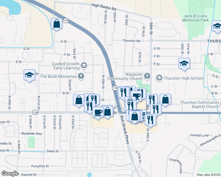 map of restaurants, bars, coffee shops, grocery stores, and more near 5593 B Street in Springfield